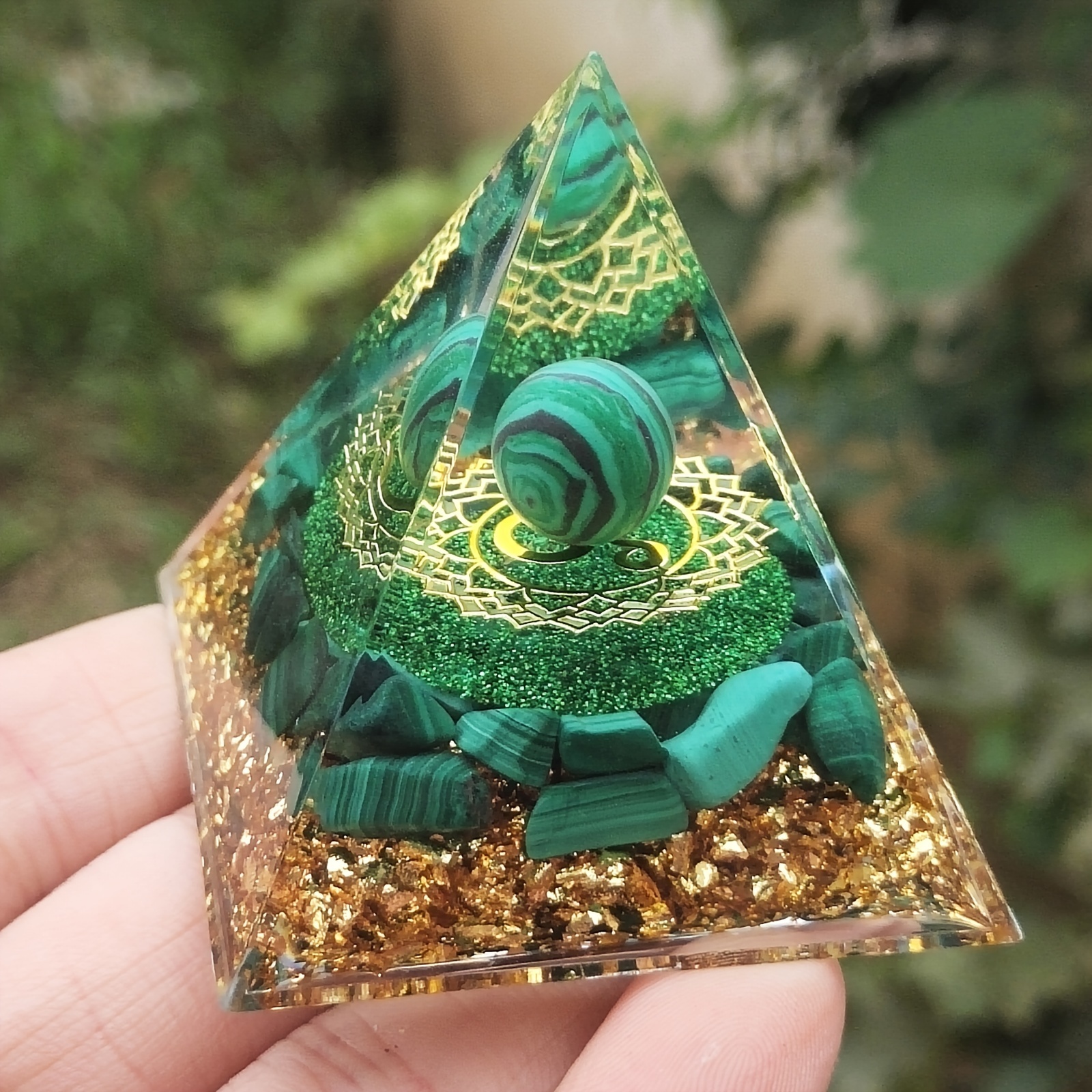 

Natural Malachite Chakra Orgone Pyramid Ornament, Pyramid Decoration That A Perfect Gift For Home Decor.