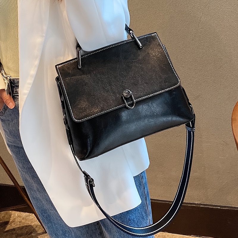 TEMU Wo 's Trendy Single Handbag With Cowhide Top, Soft Briefcase Handbag, Classic Handbag