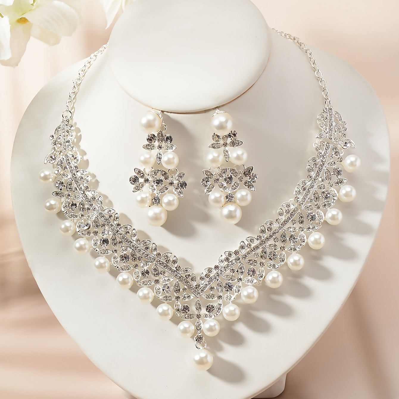 TEMU Parure de collier de mariage 3 pièces avec robe, collier de mariée haut de gamme et parure de boucles d'oreilles 2 pièces, accessoires de