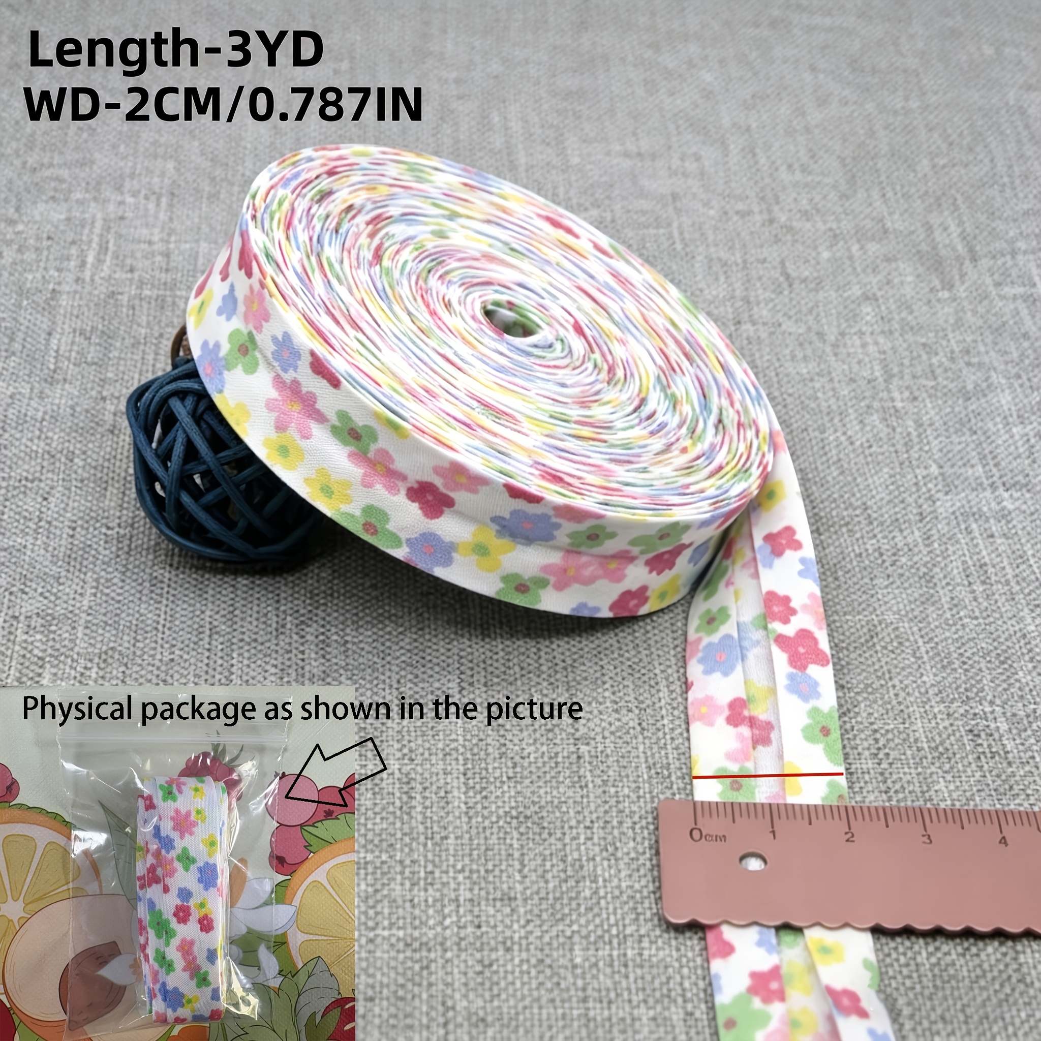 TEMU 2.74 Meters/bundle Multicolor Small Floral Trim Tape, 2.0 Cm Wide - Pre-hemmed Printed Fabric Design, Suitable For Sewing, Quilting And Crafts |
