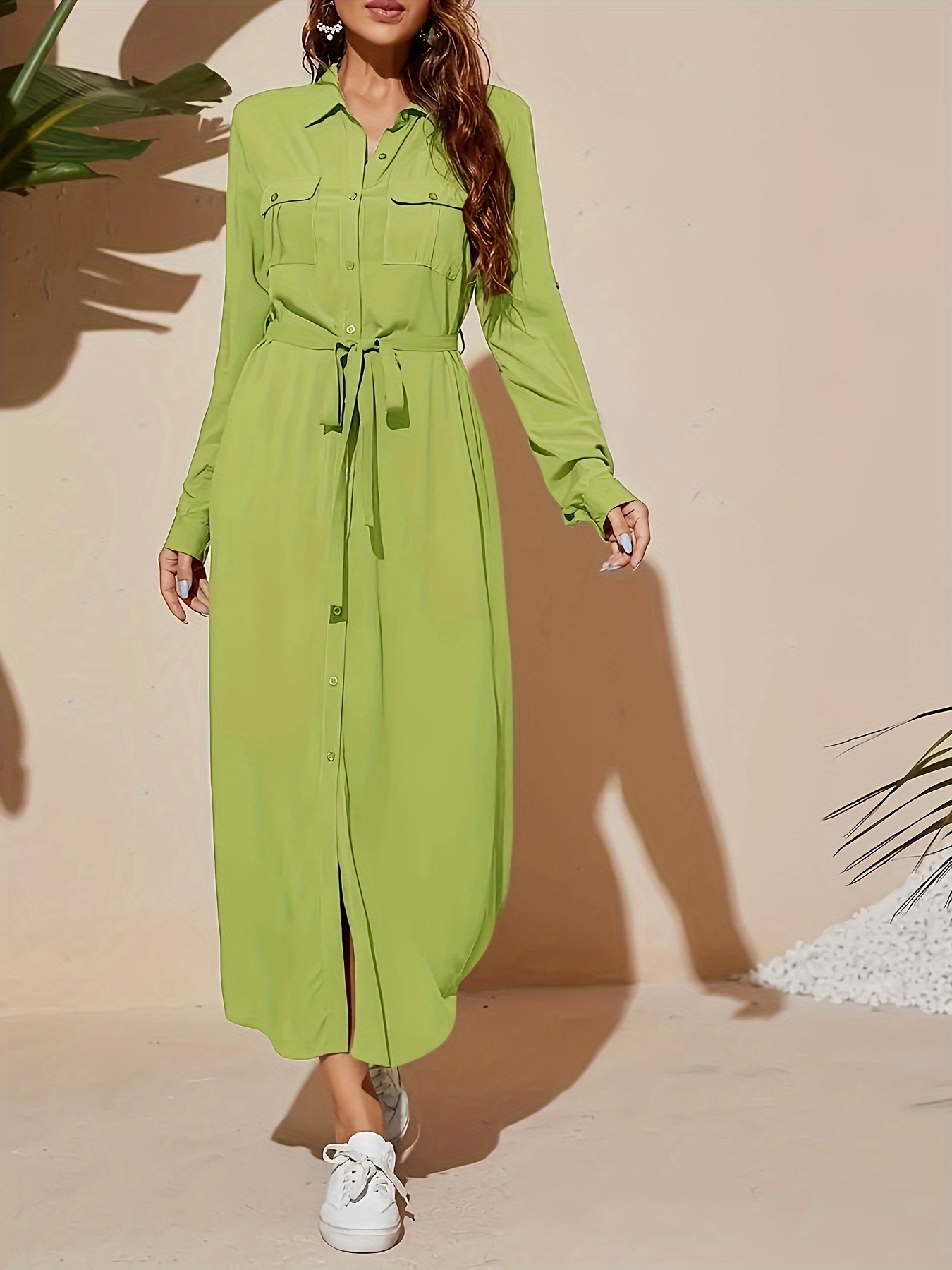 abito camicia bottoni in vita e cintura elegante abito Temu Italy