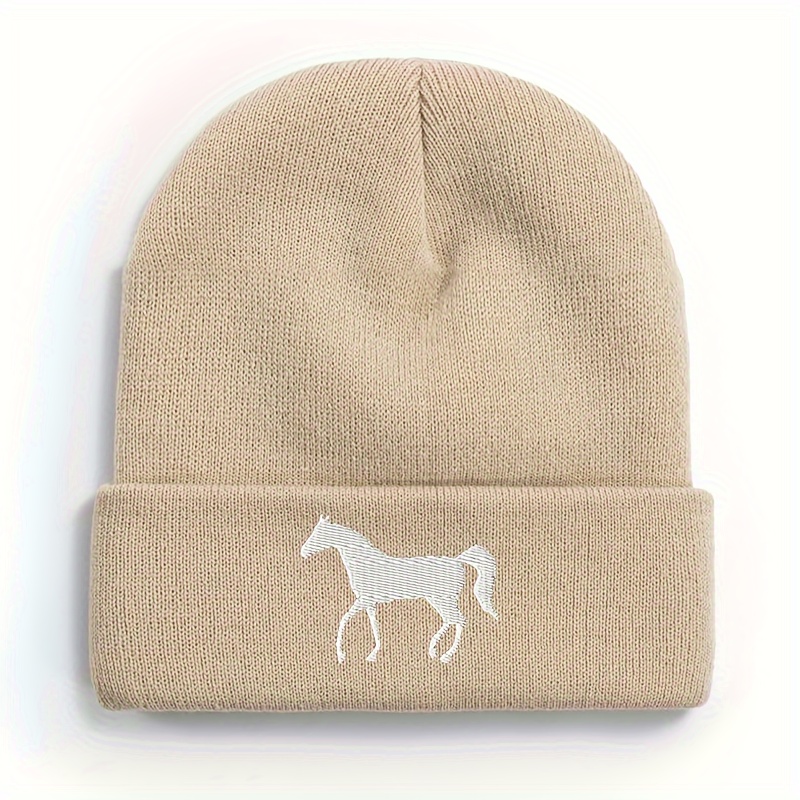 Image of Unisex White Horse Embroidery Autumn Winter Beanie, Rapper Fashion Unbrimmed Cap Men Women Outdoor Warm Hip-hop Thin Hat Soft Comfortable