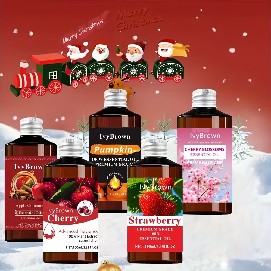 5pcs/Set Christmas Essential Oil Set, 5 Christmas Essential Oils for Christmas Candle/Soap Making, Bathing, Fragrance, Hair Care, Facial Beige Care, Intense Moisturizing, Fresh Natural Scent, Refreshing Blend, Fruity Aroma, Christmas Gift