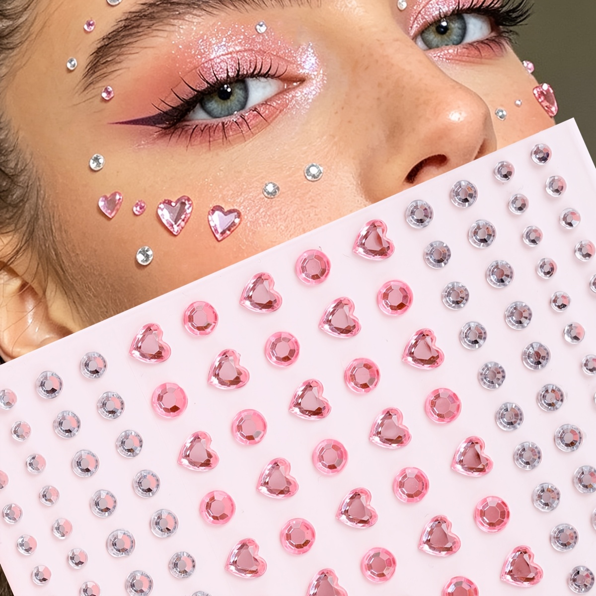 TEMU Autocollants de maquillage pour de cœur rose rond avec strass, Autocollants pailletés de cœur avec strass pour , Accessoires de rave pour la