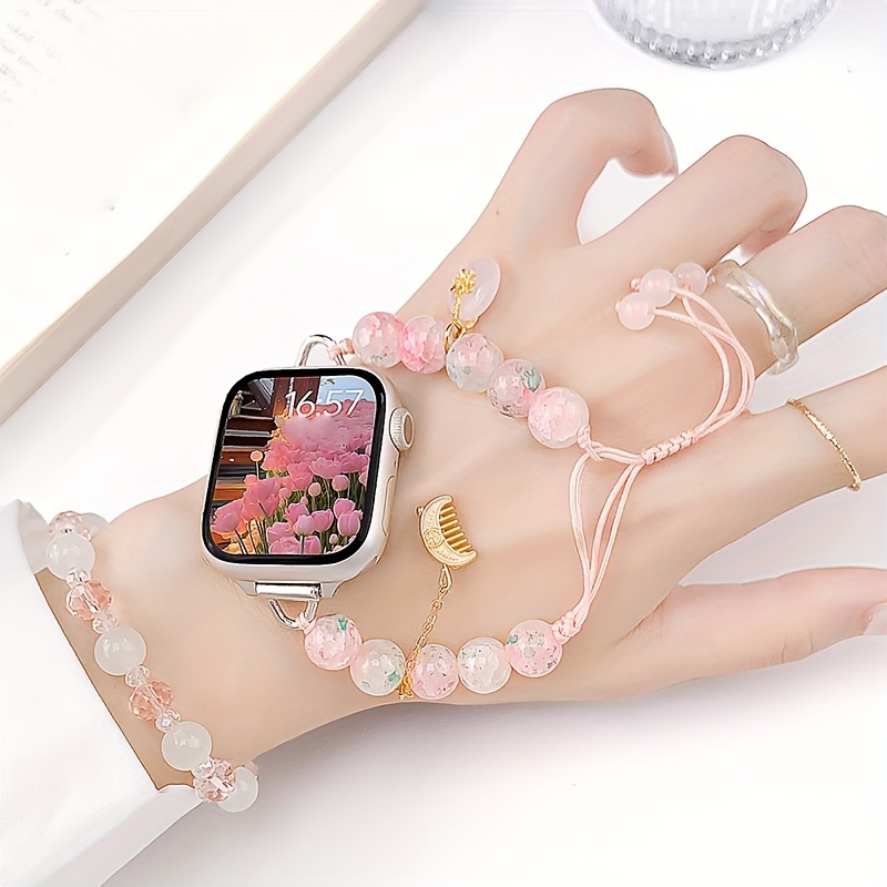 

Cherry & Ice Pearl Watch Band For Apple Watch /7/6/5/4/3/2/se - Compatible With 44/45/41/49mm Models, Pink Ceramic Strap Bracelet