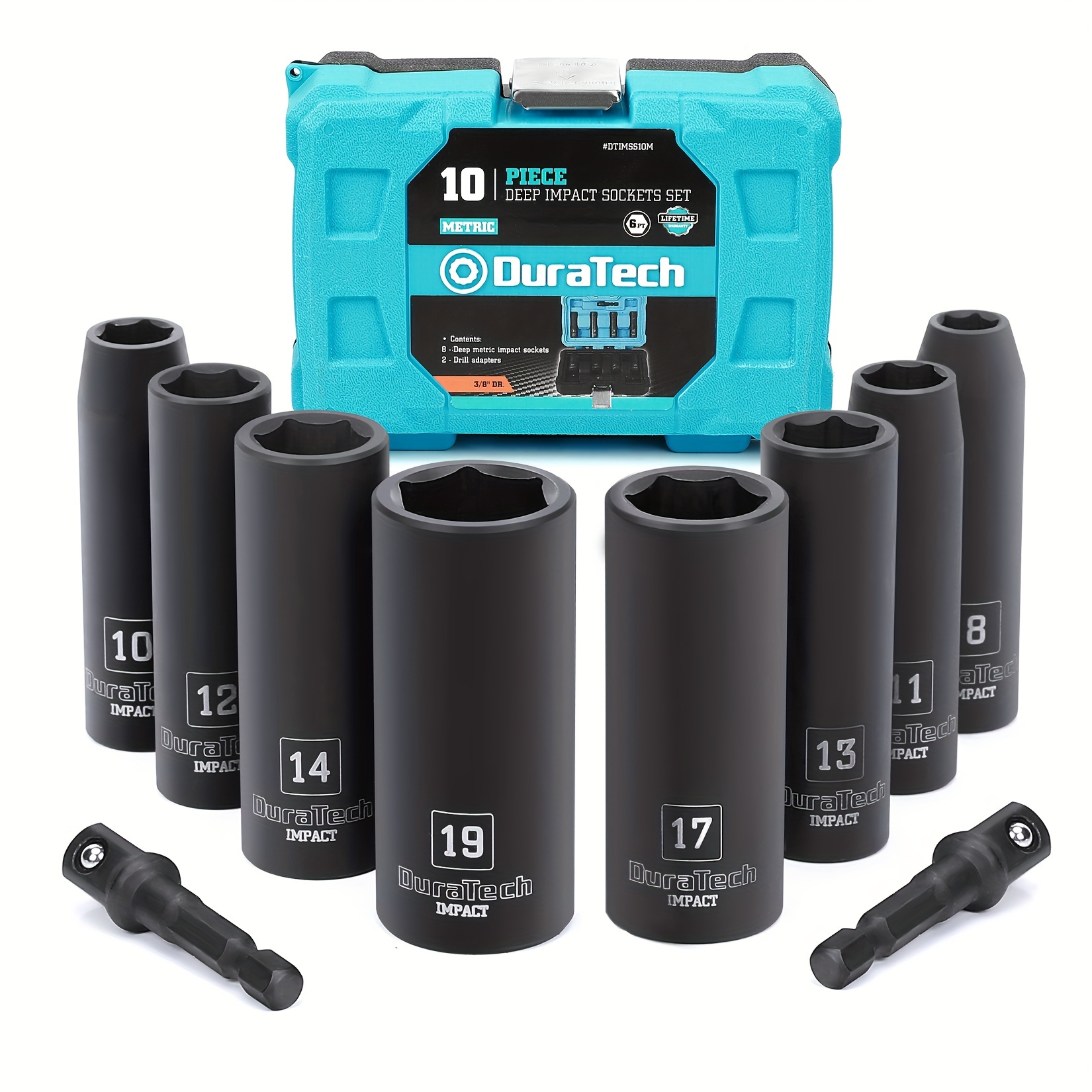 

Duratech 3/8 Inch Drive Impact Socket Set, Including 8pcs Sockets In Metric Sizes (8/10/11/12/13/14/17/19mm) & 2pcs 1/4 Inch Hexagon Extension Bars