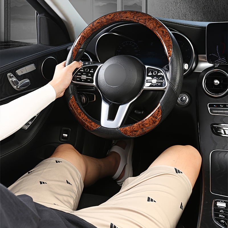 luxury   wood grain pu leather steering wheel cover anti slip sweat absorbent design fit for 14   14 9 models stylish carbon fiber accents enhances driving   car interior upgrade fashionable auto decor elegant grip cover 0