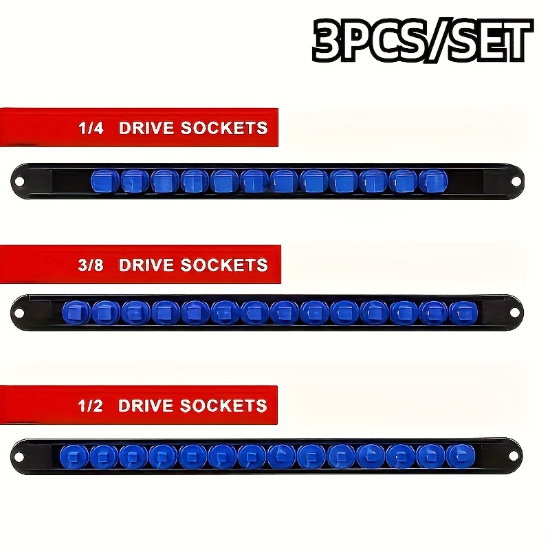 Image of 3pcs Asdtodw Durable Abs Socket Organizer With Clip Rail - 1/4", 3/8", & 1/2" Drive Compatibility, Mechanical Operation, For Efficient Tool Organization