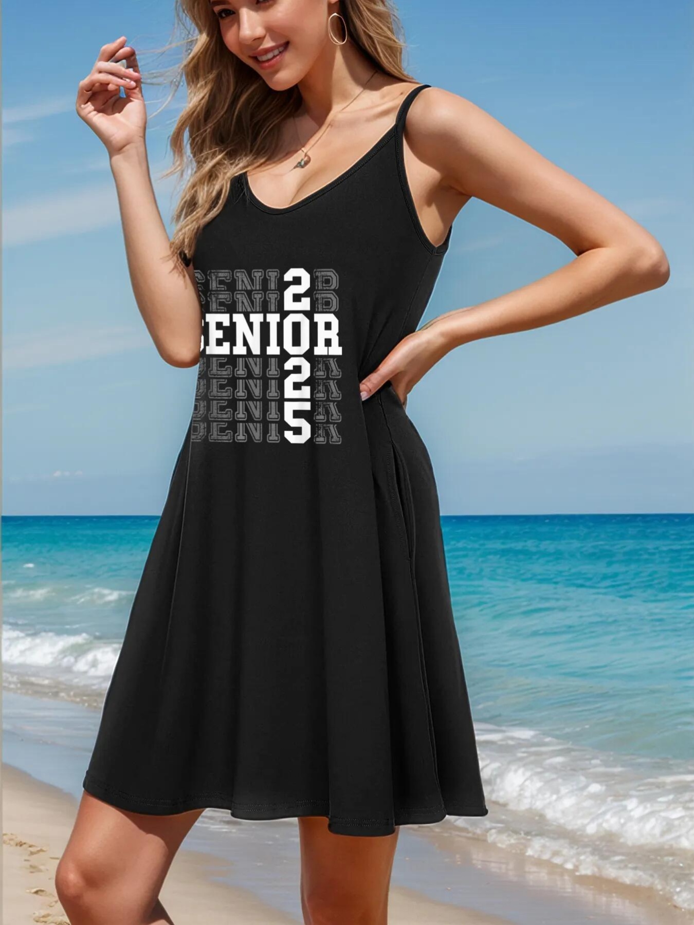 class of 2025 senior floral print spaghetti suspender dress for women elegant v neck graduation dress machine washable lightweight black white graduation gown alternative for spring summer fall casual beachwear sophisticated beachwear nontransparent fabric  