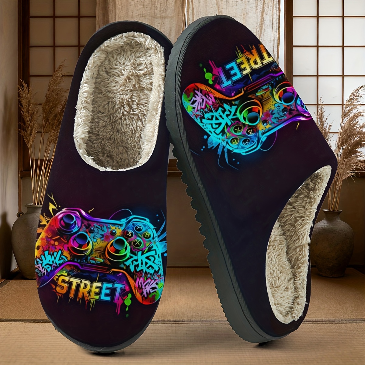TEMU Chaussons Graffiti Colorés de Jeu, avec une Base Noire à Graffitis de Style et de de Jeu Néon, Dégageant une Ambiance Tendance Esports -cool,