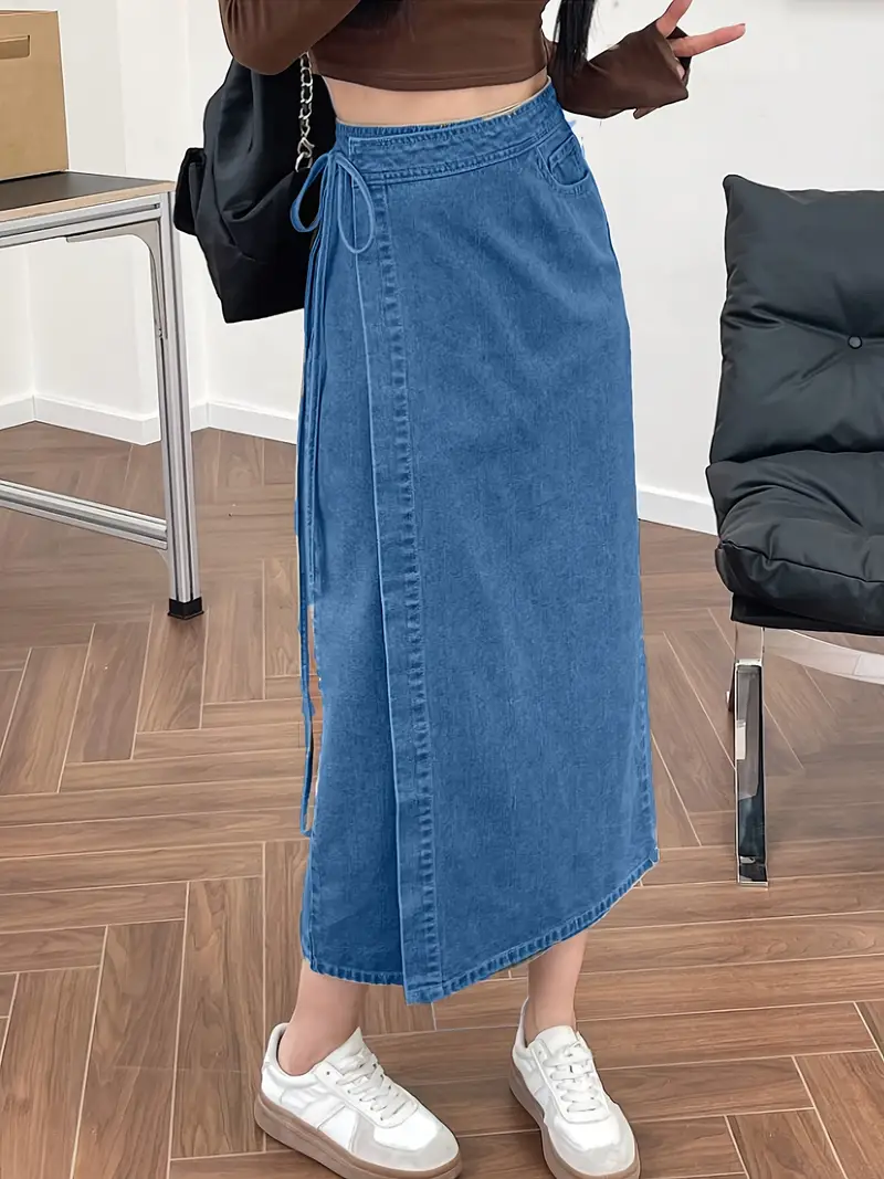 retro wrap dress side tie slit denim skirt women's - Temu Brazil retro wrap dress side tie slit denim skirt women's - Temu Brazil
