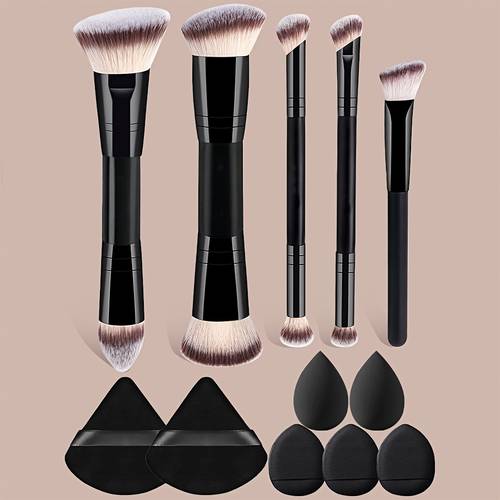 12pcs makeup brush set with synthetic fiber bristles 5 double ended brushes and 7 latex free synthetic makeup sponges suitable for foundation loose powder blush eyeshadow and concealer set of tools