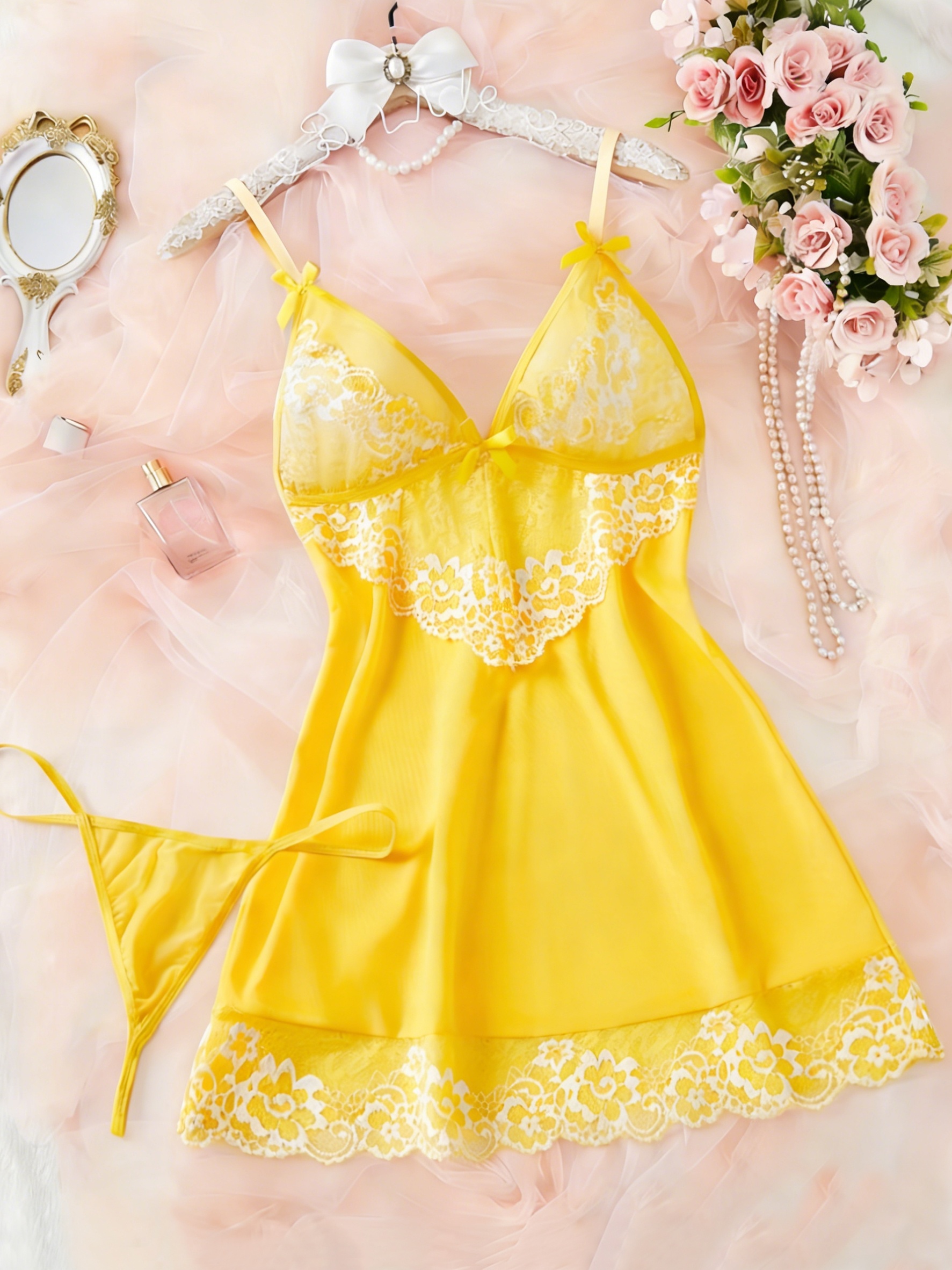 2pcs Pijama Elegante de Encaje Semi-Transparente para Mujer - Vestido Sin Espalda con Lazo, Conjunto de Pijama Combinado para Todas las Estaciones, Lavado a Mano, Conjunto de 2pcs (No) - Ropa de Descanso Femenina