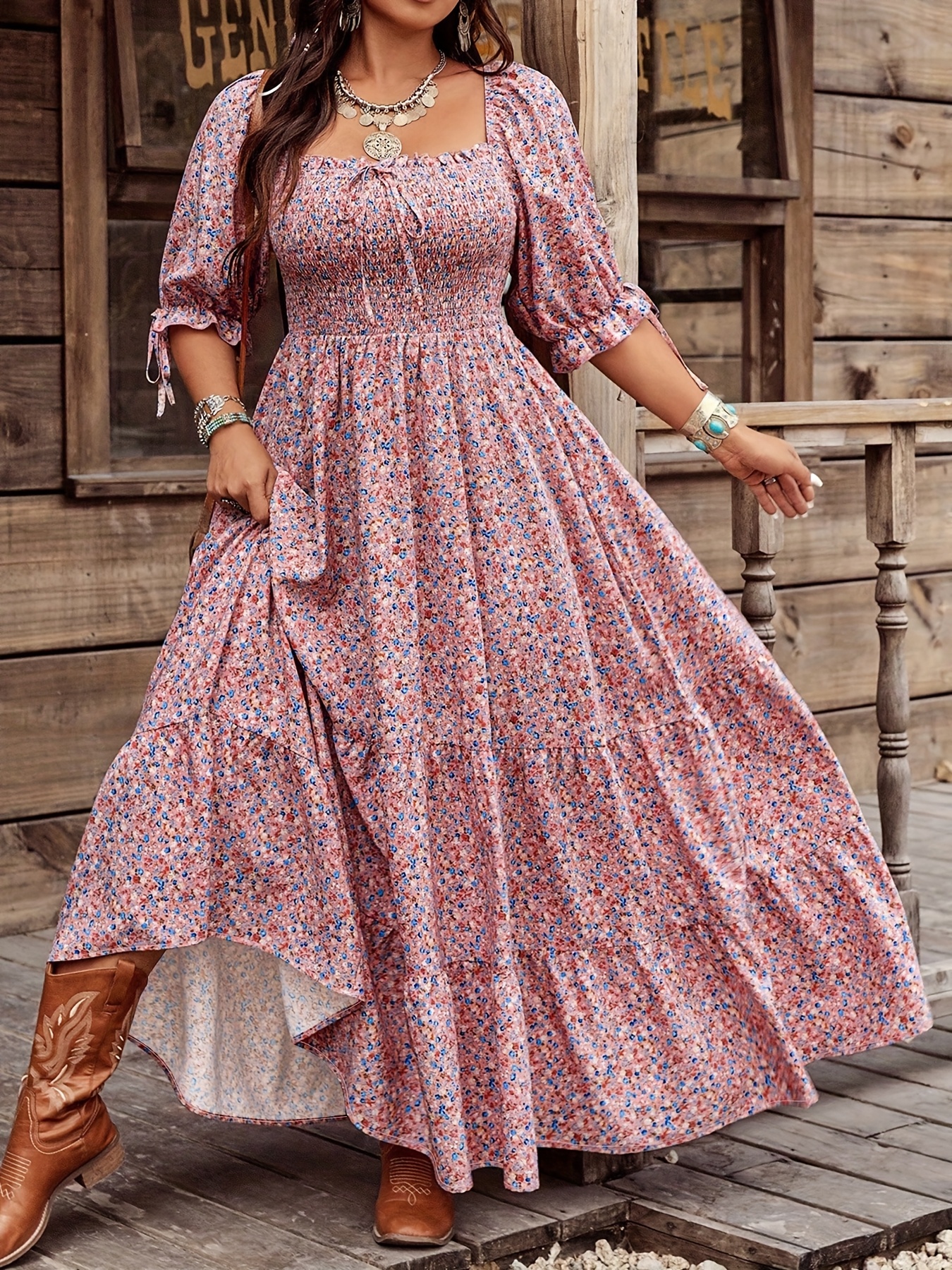 Plus Size * Style Floral * Neck Lantern Sleeve * Fit * Casual Dress YZ199