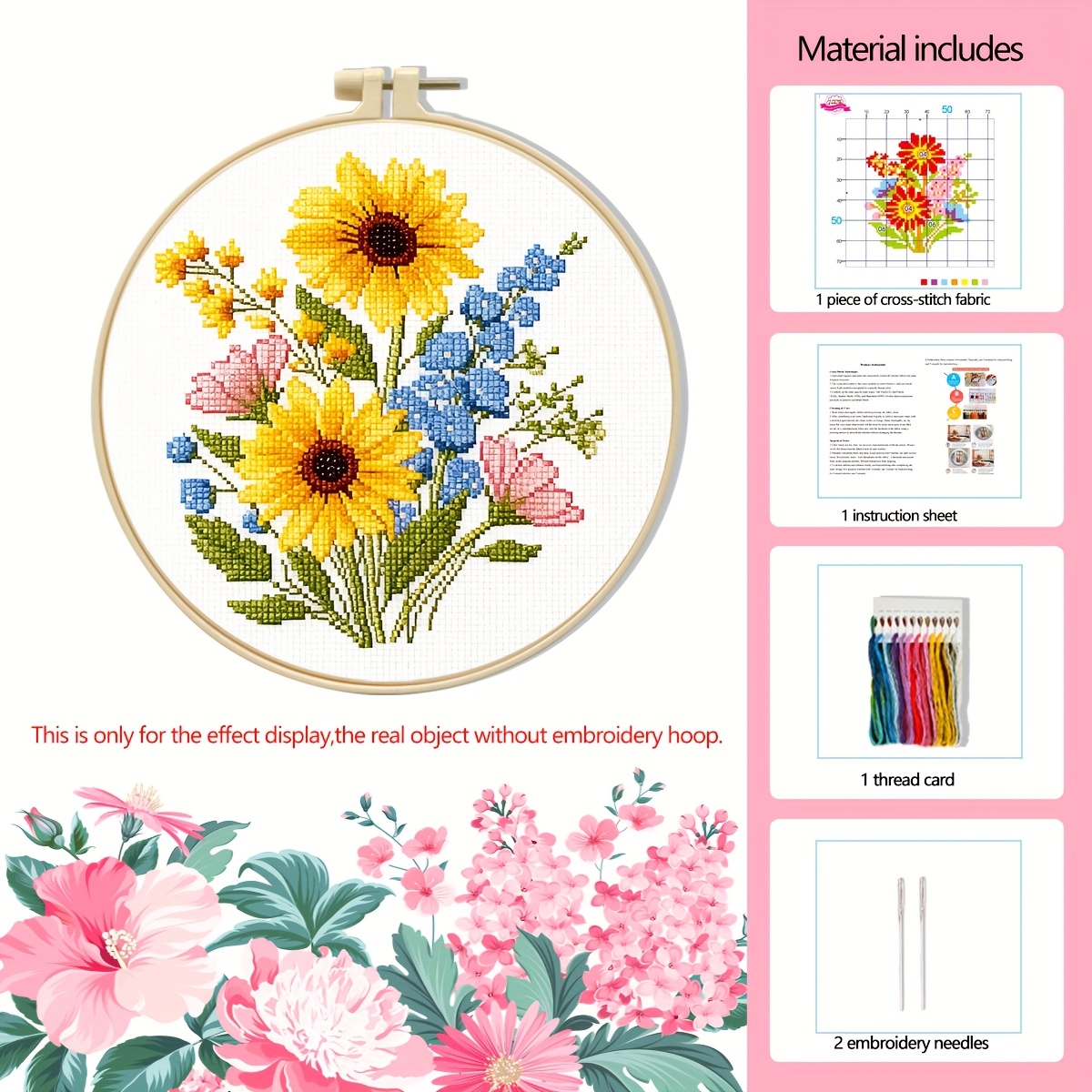 TEMU 1 Kit de Broderie Croisée Série Florale - de , Bouquet de Tulipes, Marguerites - Broderie DIY sur Toile 11CT à Grille Moyenne avec Trois Fils,