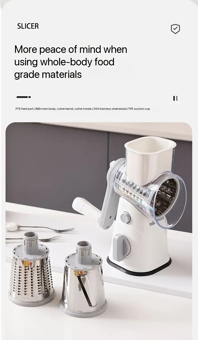 rotary cheese grater with handle kitchen speed hand crank vegetable slicer potato brown spinning nut grinder with 3 replaceable stainless steel drum blades white details 2