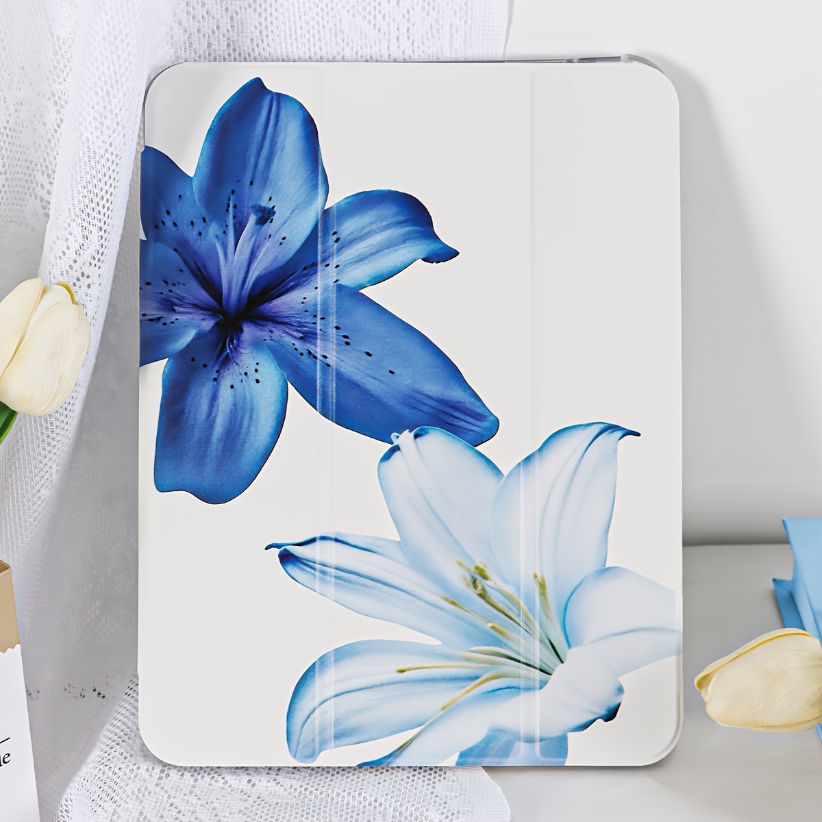 TEMU 1pc Blue Lily Pattern Tablet Case Compatible With For Ipad (a16) 11 Inch / 11th Generation Painted Pattern Protective Cover, Compatible With For