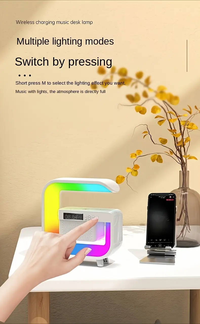 compact wireless charging pad with speaker tf card slot rgb night light alarm clock and fast charging capabilities for devices like iphone samsung and xiaomi details 1