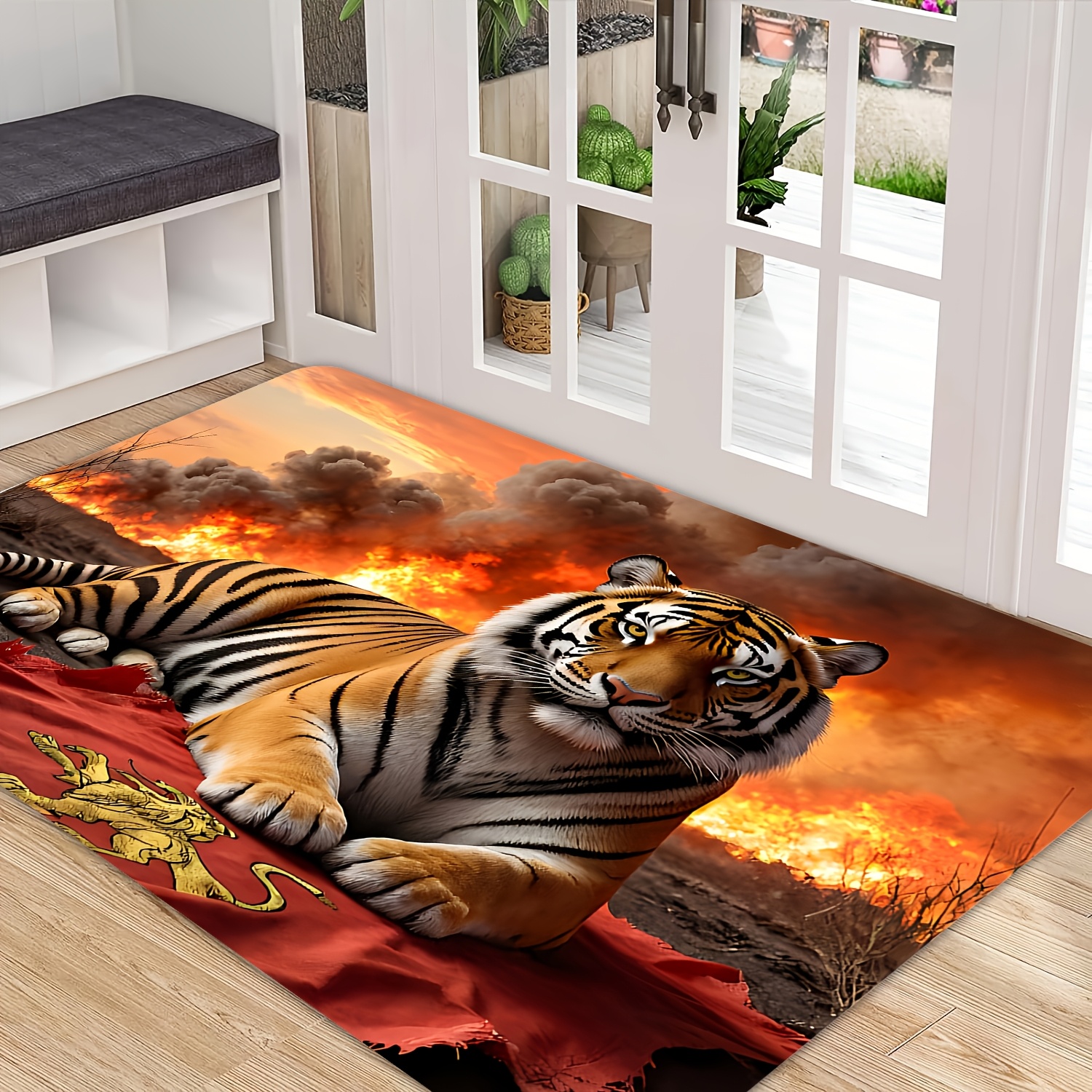 TEMU 1pc Vintage Tiger Print Doormat, Tiger Pattern Entryway Mat, Machine Washable Flannel Non-slip Door Mat. Suitable For Entryway, Living Room,