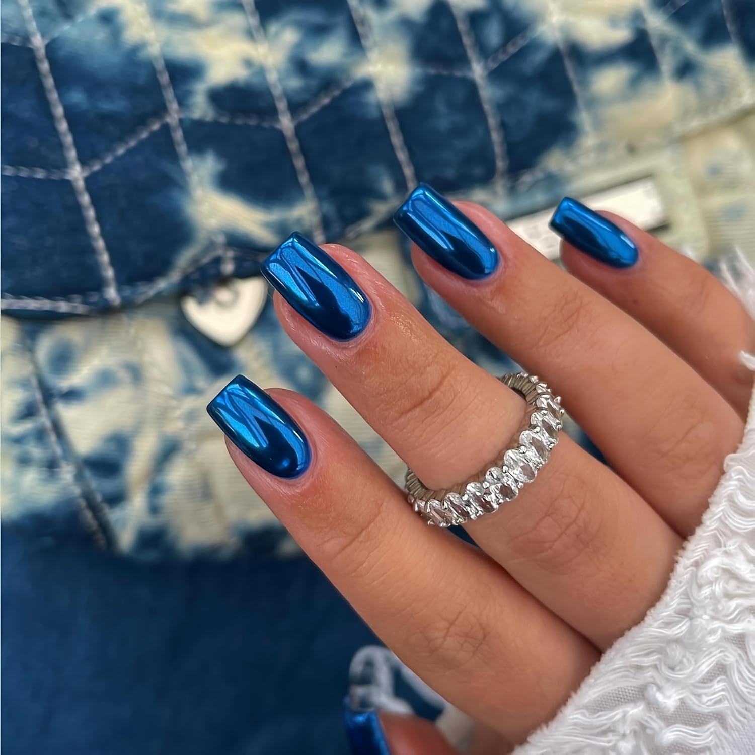 TEMU 24pcs Royal Blue Chrome Press-on Nails - Medium Square Metallic Fake Nails, Glitter Gel Glue-on Acrylic Nails For Women, , Short Length, Color, Casual Attire Or Special Occasions, Cute Nails