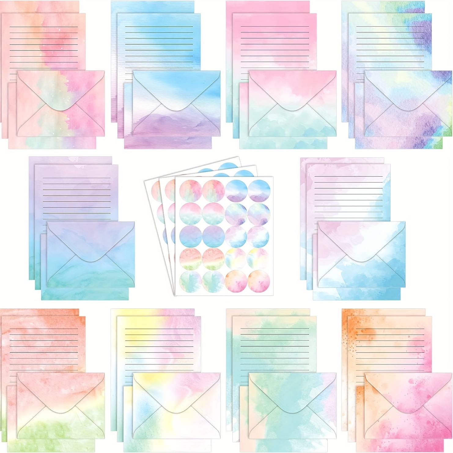 

160pcs Letter 50 Double-sided Letter Papers, 50 Matching Envelopes 60 Round Dot Stickers, 10 Designs Watercolor, 8.5 X 11 Inches