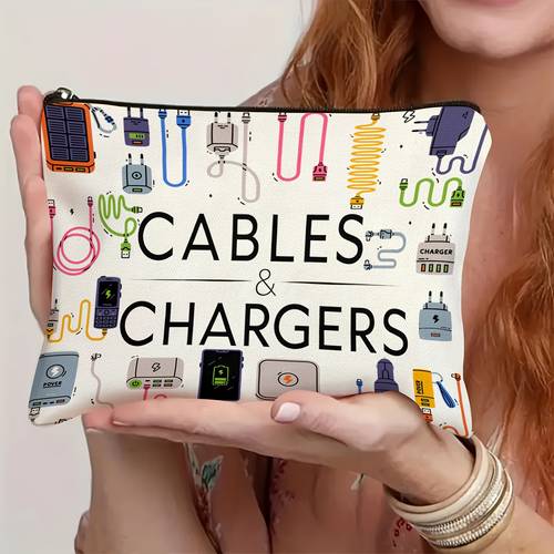 storage pouch for white cables and featuring a charging device symbol sturdy fabric travel case ideal for power banks cords and electronic gadgets gender neutral tech gift cable management bag