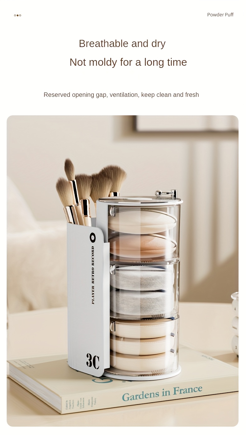 luxury 3c rotating makeup brush puff storage box dustproof multi layer design independent   desk organizer for dressing table bathroom office home use countertop mounting no electricity needed countertop organizer sleek aesthetic durable plastic makeup storage organizer makeup organizer for vanity Product details 5
