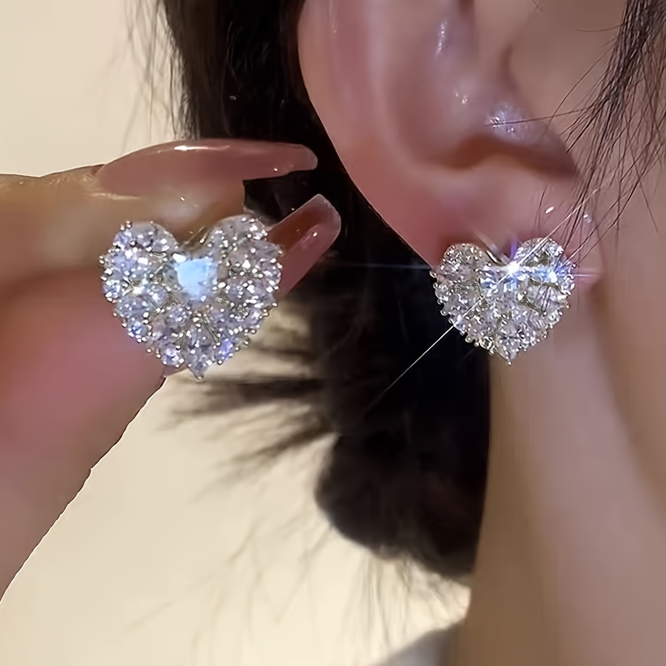 Image of 1 Pair Of Easy, Exquisite And Elegant Peach Artificial Glass Inlaid Women' Leisure Date Earrings
