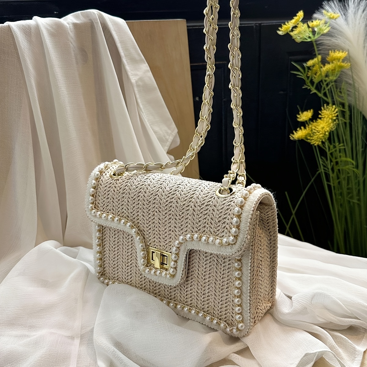 Image of New Straw Woven Small Square Bag Chic Pearl Shoulder Bag Fashion Chain Body Bag Temperament All-match Women's Bag Beach Vacation Handbag Summer Travel Bag