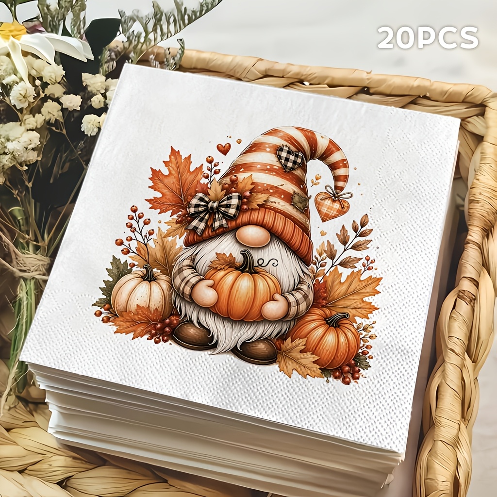 TEMU Lot de 20 serviettes jetables à motif automnal avec gnome à chapeau rayé, feuille d'érable et citrouille, serviettes carrées épaissies à double