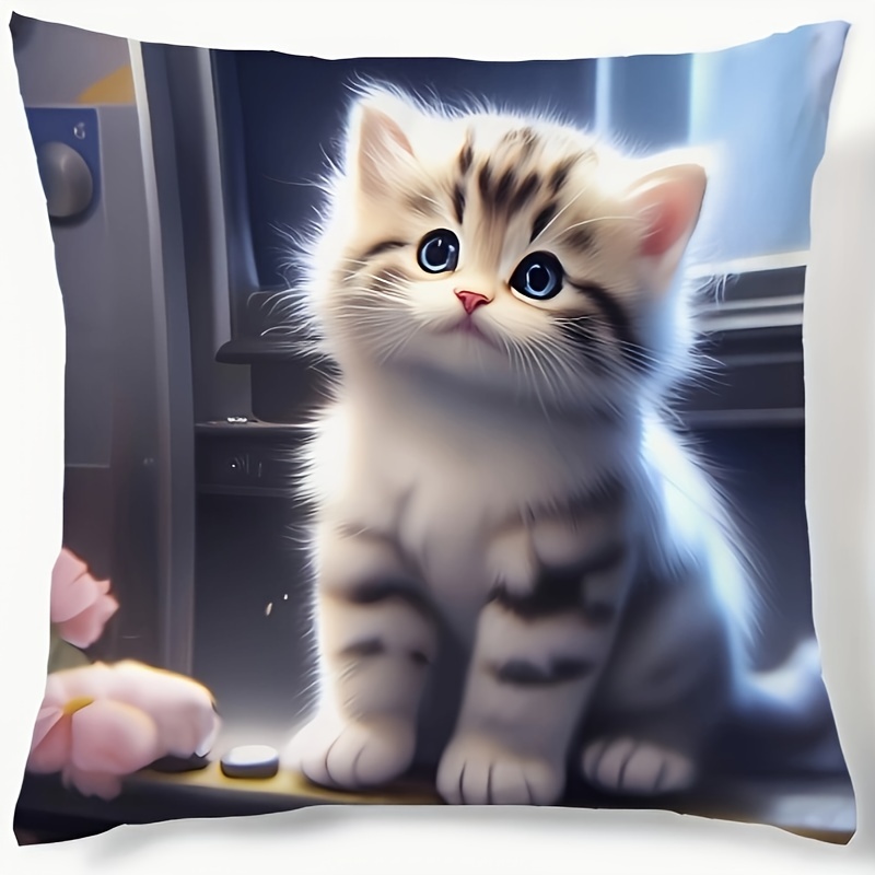 

1pc Of A Cute Cat Pattern Christmas Single-sided Printed Short Plush Pillow Cover, A Gift For Friends, Christmas Decoration For Living Room Sofa, Bedroom Decor, Dormitory Pillow Cover 18x18 Inches.