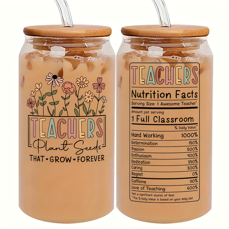 

creative" 16oz Glass Tumbler Set With Lid & Straw - Perfect Teacher Appreciation Gift, Ideal For Iced Coffee & All-season Drinks, Reusable, Handwash Only, Letter Print Design