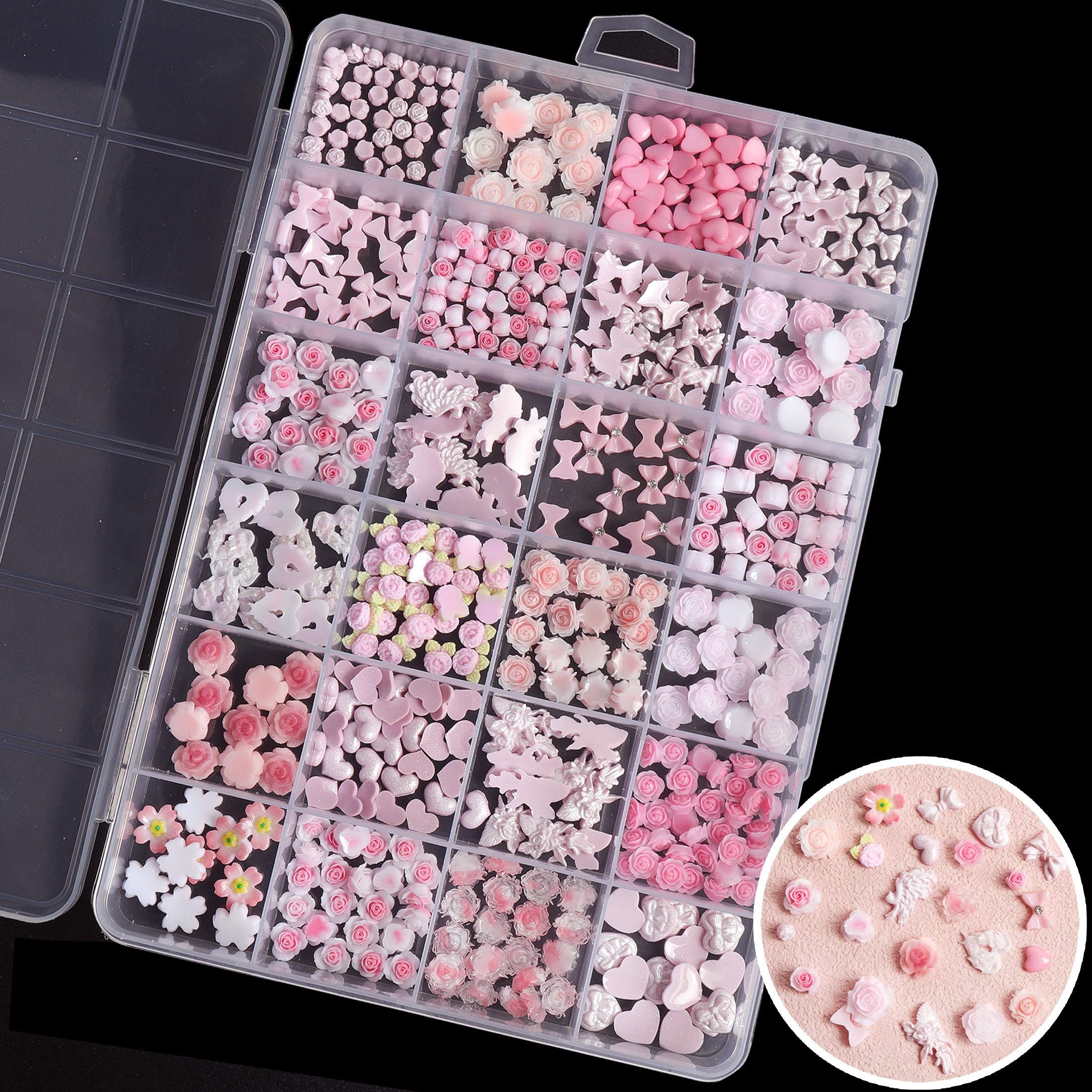 

24-compartment Assorted 3d Resin Nail Charms, Pink Cartoon Cute Styles, Butterfly, Camellia, Rose, Heart Shapes Decoration & Accessories Kit For Women & Girls