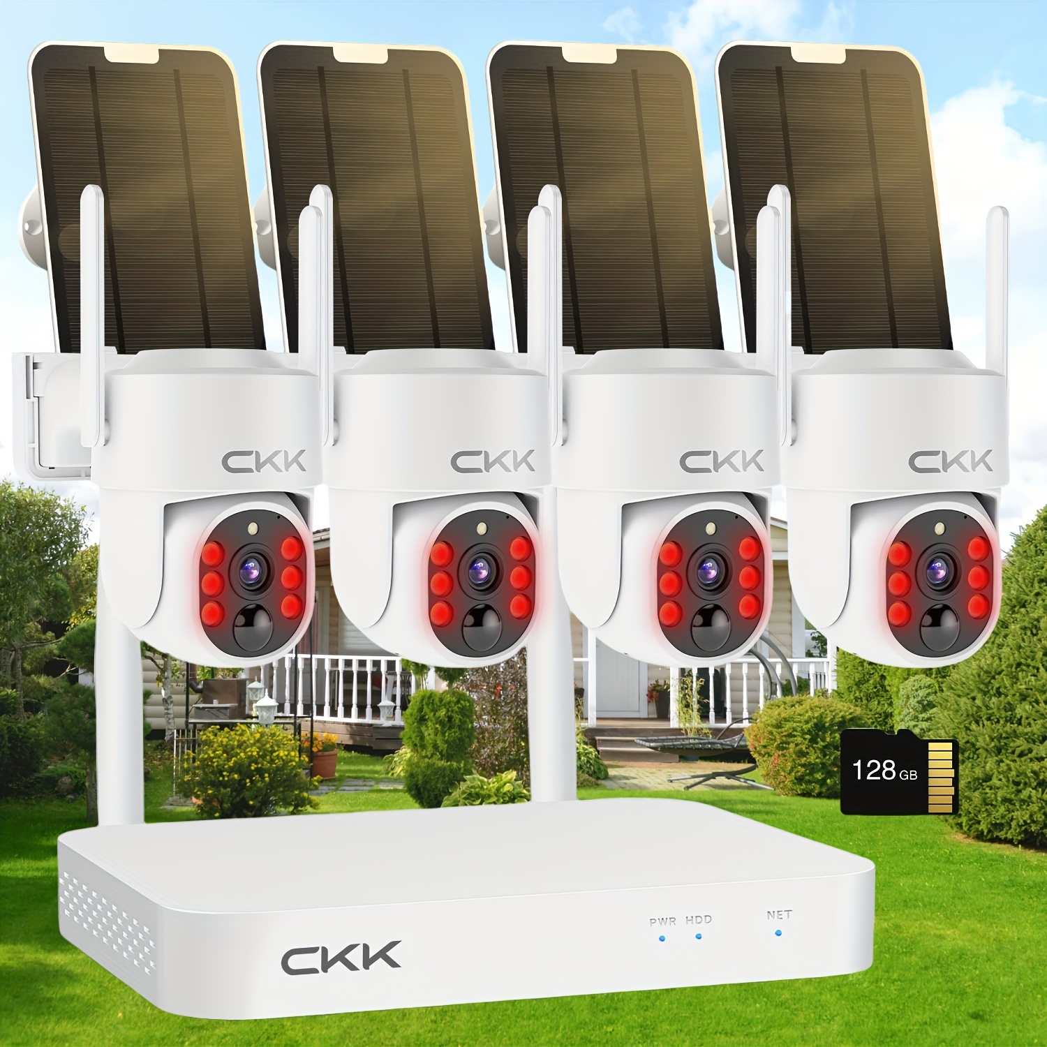 

4mp Solar Camera Wireless Outdoor, 4 Cameras Wireless Nvr System For Home Security, 2.4g Wifi, 6led Floodlight, 128g Local Storage, 360° View, 2.5k Color Night Vision, Pan/tilt, Two-way Audio