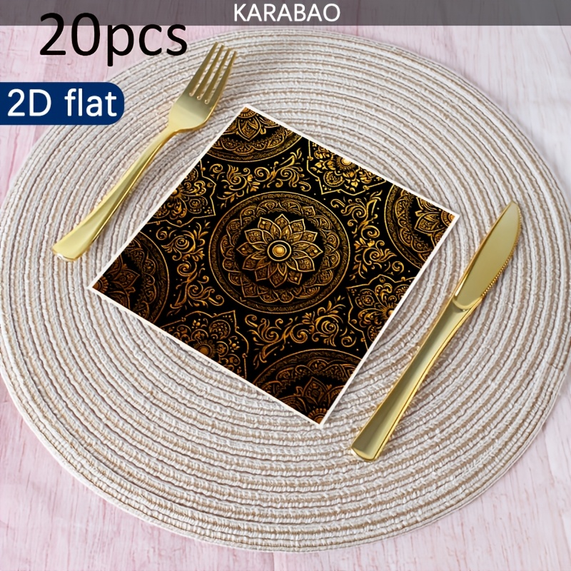 TEMU 20 serviettes, motif floral mandala doré, style naturel , double épaisseur, mouchoirs carrés de 6,5 pouces, difficiles à déchirer lorsqu'