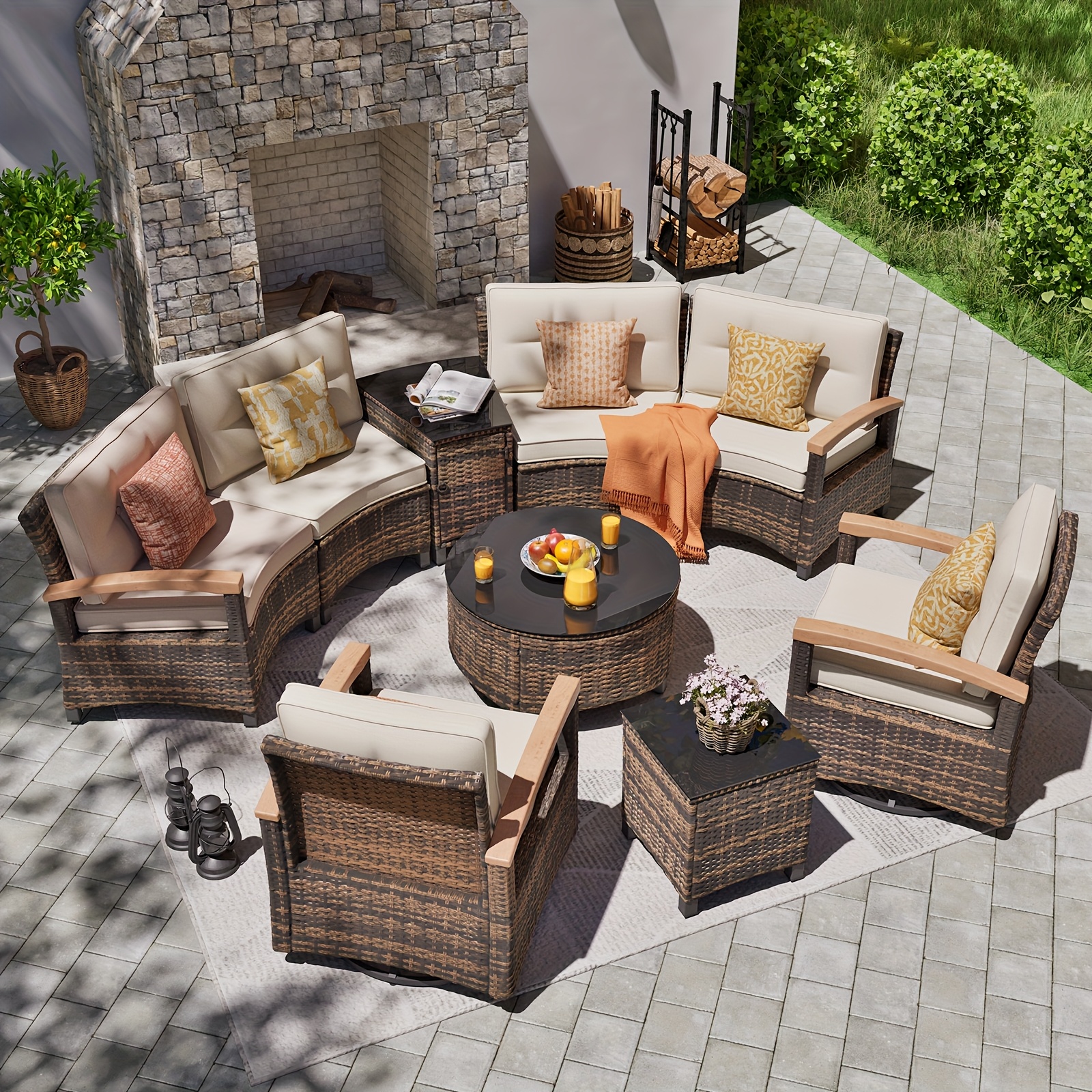 Curved Outdoor Backyard Sofa Set Juliet Grey Rattan Curved Half