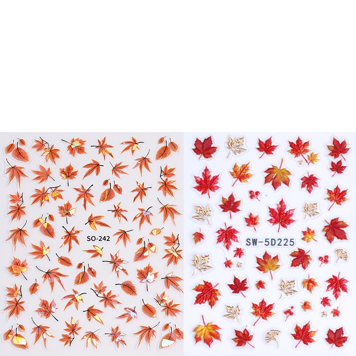 TEMU 2pcs 5d Embossed Autumn Shell Colored And Aurora Maple Leaf Nail Art Stickers, Featuring Trendy Maple Styles In Red And Yellow, Suitable For