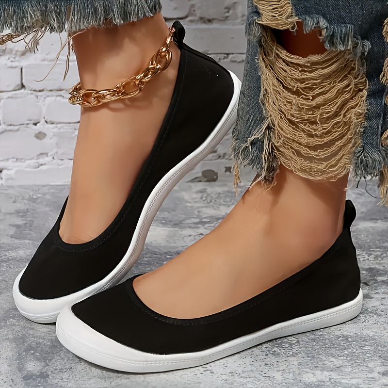 TEMU Black Canvas Slip-on Women's Casual Shoes - Comfortable, Breathable Fabric Lining, Durable Tpr Sole, Round Toe, Low- For , Perfect For