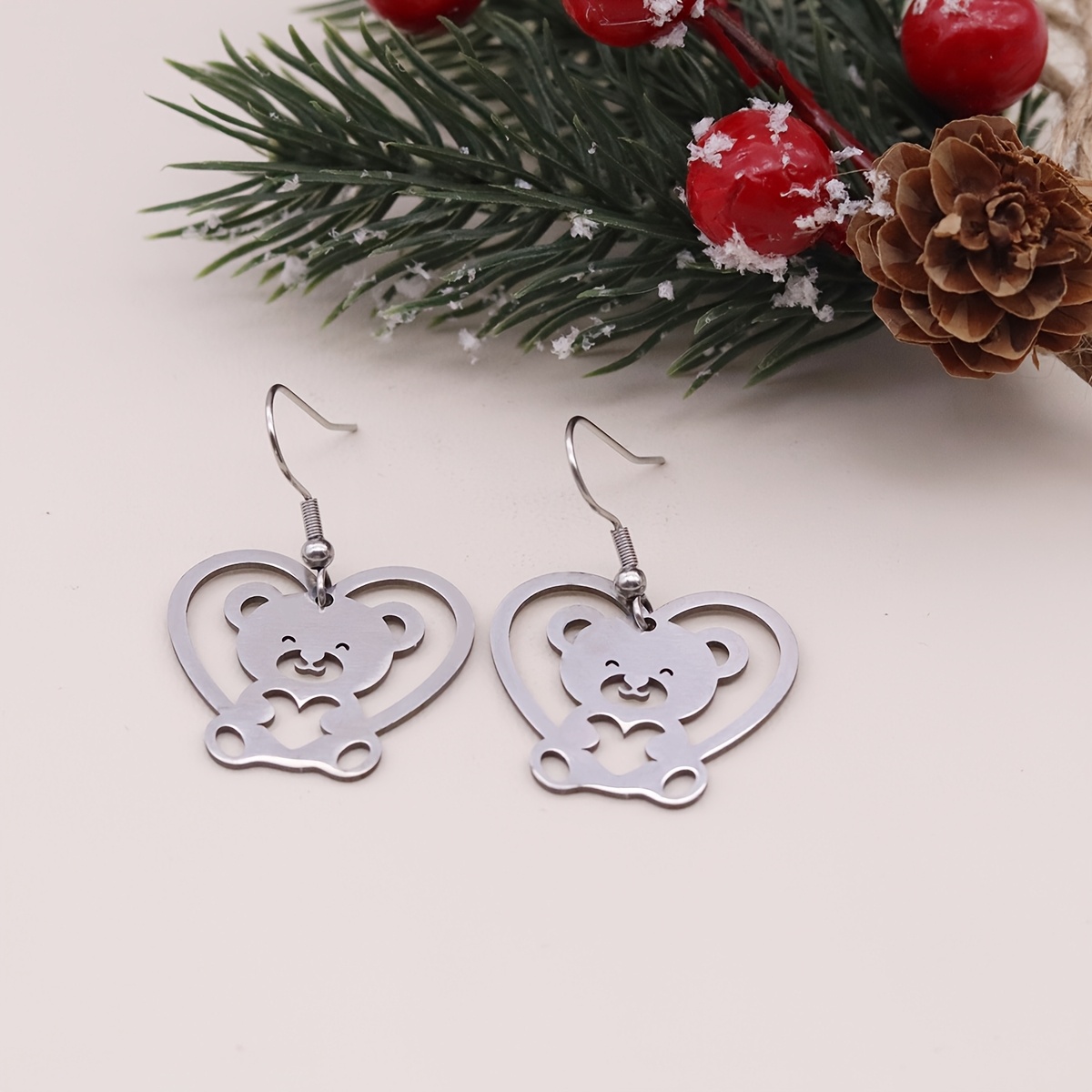 Hollow Heart Bear Earrings, Cute Animal Gift