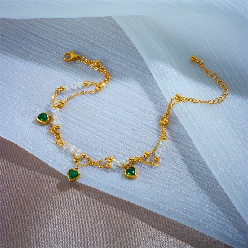Light Luxury Golden Stainless Steel Ankle Chain, Green Hearts