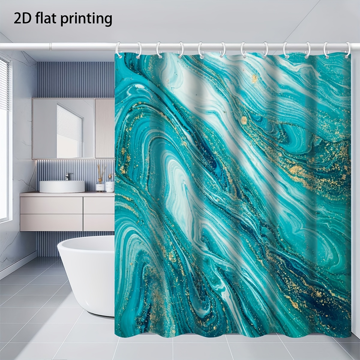 4pcs Ocean Style Shower Curtain Set with Elegant Teal Marble Texture