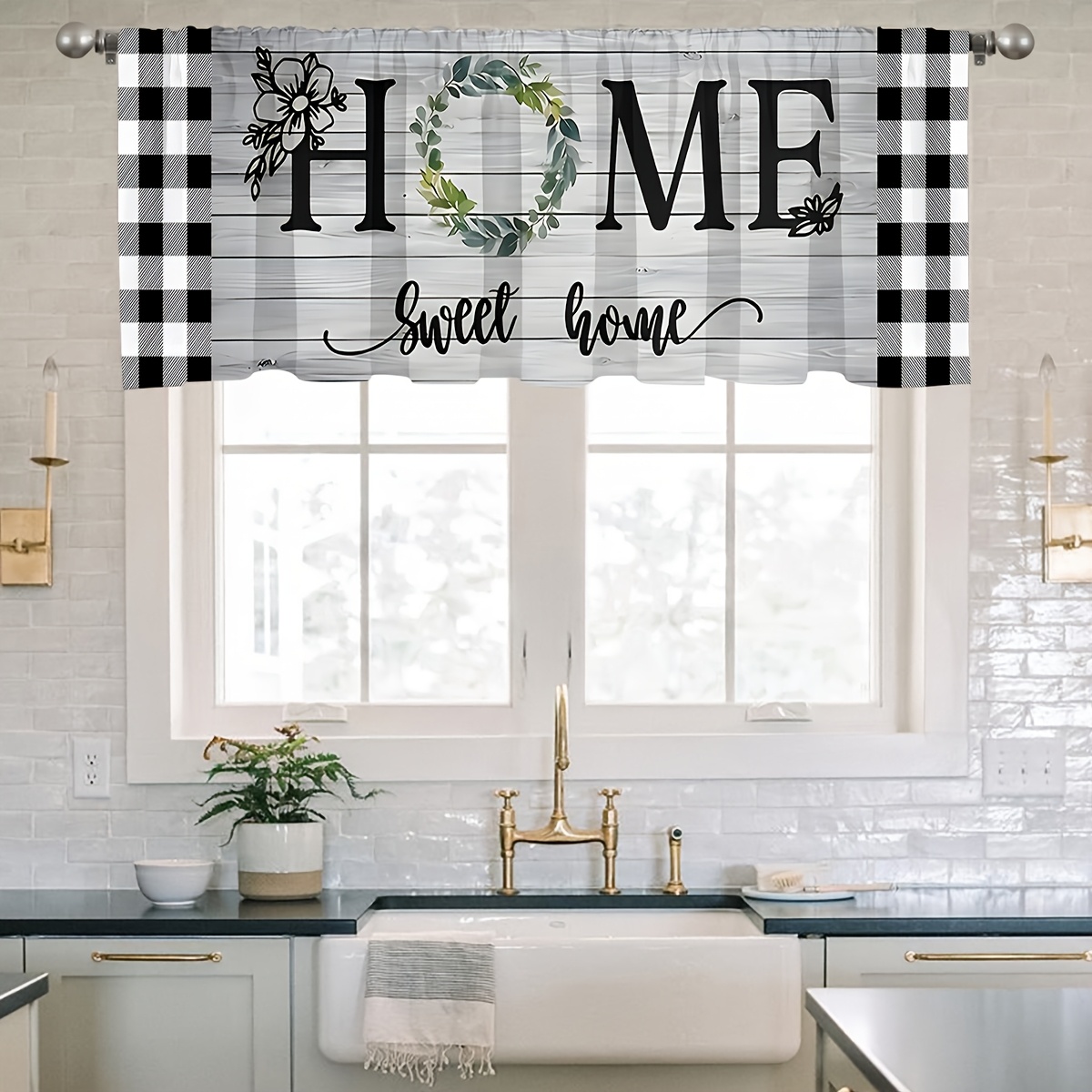 

Chic Floral & Text Print Kitchen Curtain - Rod Pocket Top, Waterproof Polyester, Stain-resistant, Home Partition, Study, Cafe, Or Office Decor, Wood Grain, Sweet Home