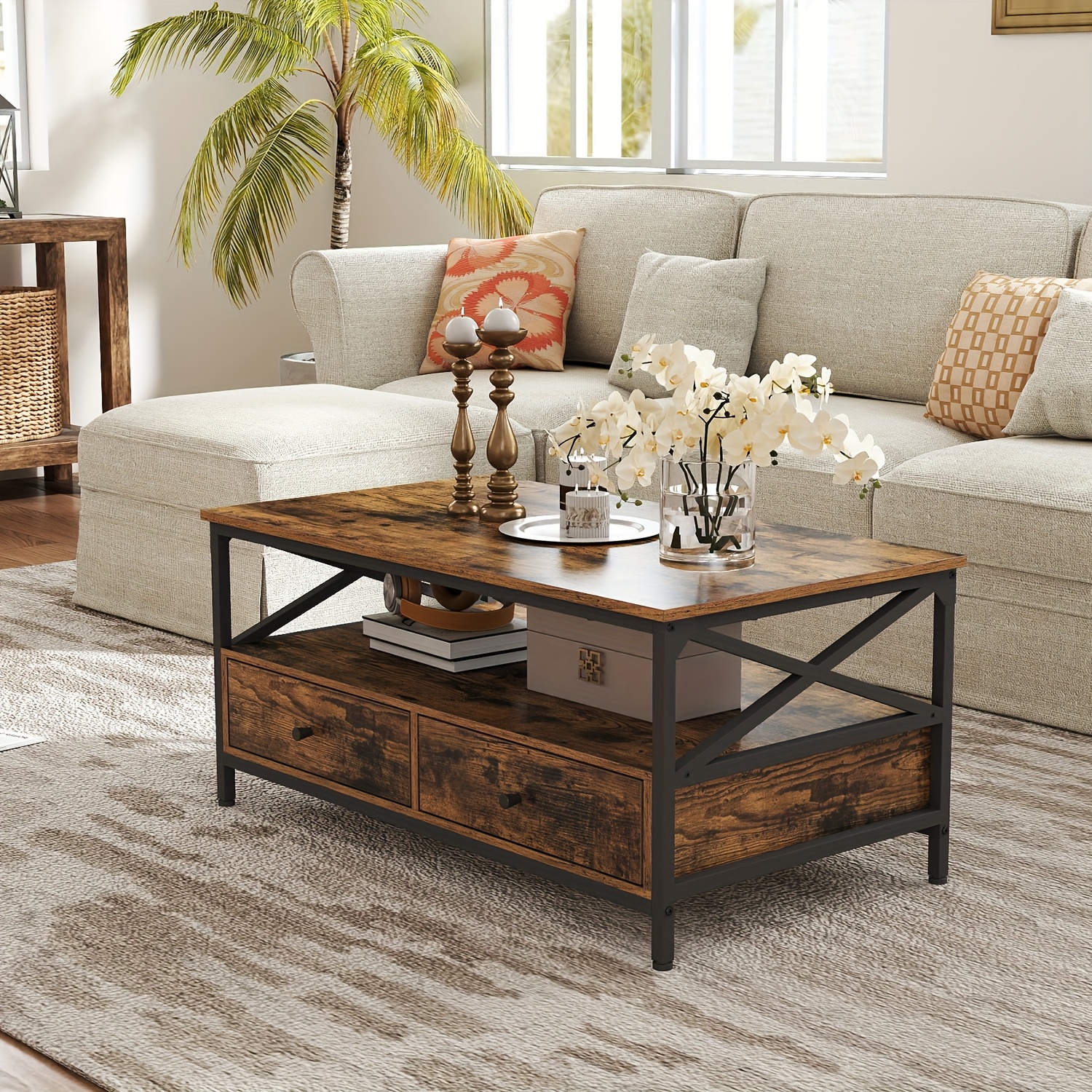 Modern Industrial Coffee Table With Drawers Suitable For Living Room - Wood & Frame Sofa Table, Storage Table With Open Shelf & Drawers, Assembly Retro Design (compatible For Small Spaces)