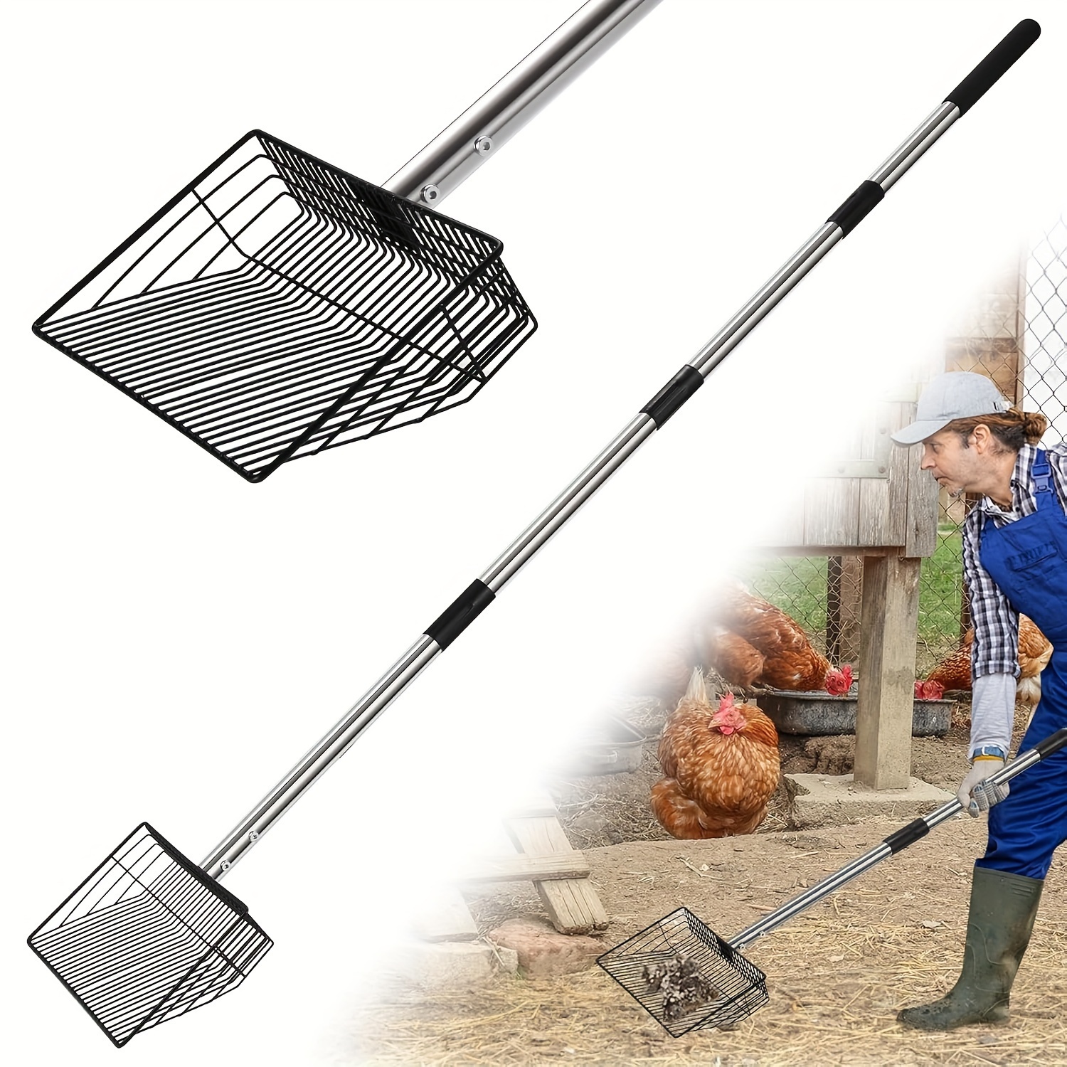 

10inch Large Metal Scooper, 4 In 1 Chicken Coop With (24 To 68" Long) Stainless Steel Handle, Multifunctional Heavy Duty Litter Sifting Shovel Chicken Coop Accessories