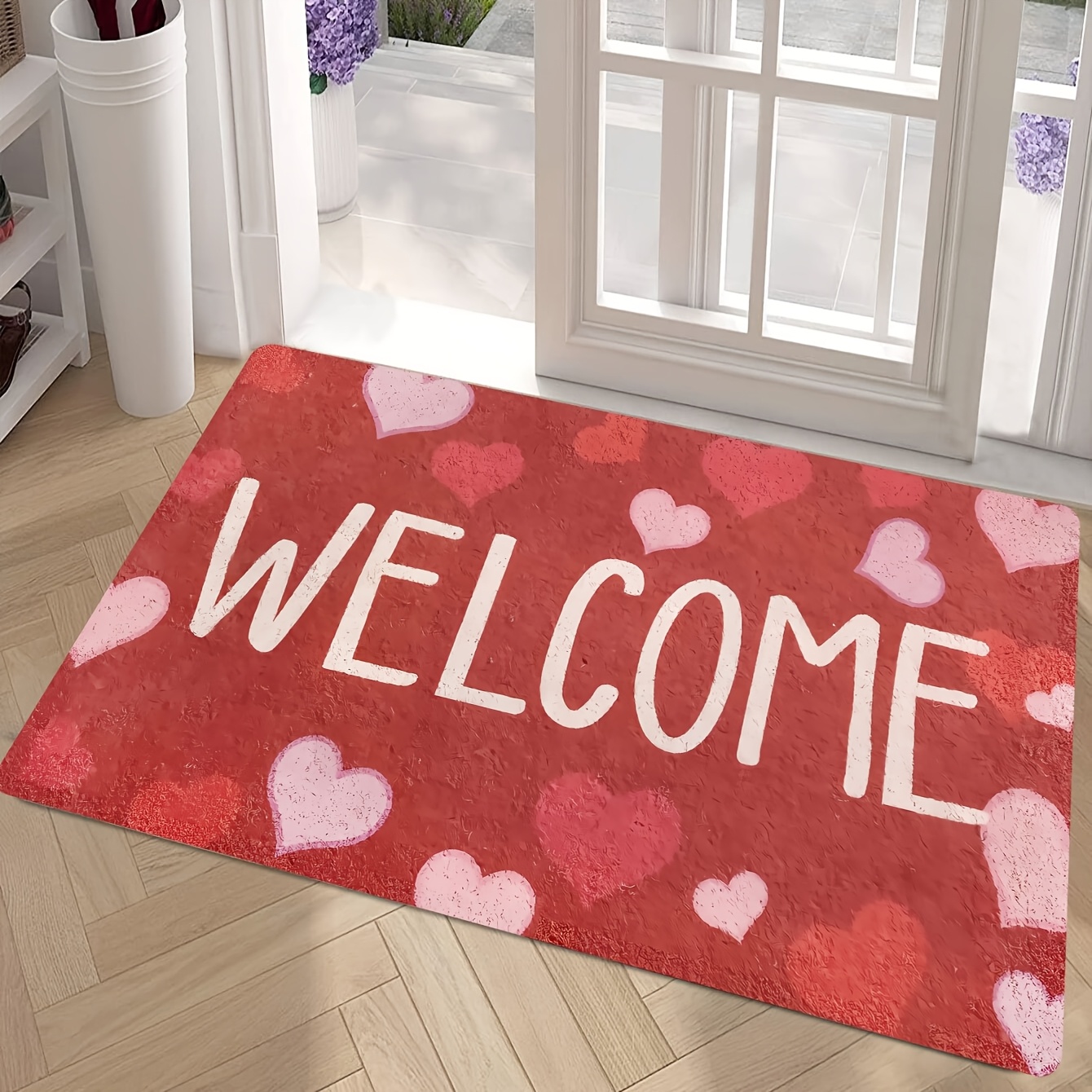 

Valentine's Day Love Heart Welcome Doormat - , Stain-resistant Polyester Rug For Indoor/outdoor Use, Home Entrance & Porch Decor, Romantic Housewarming Gift