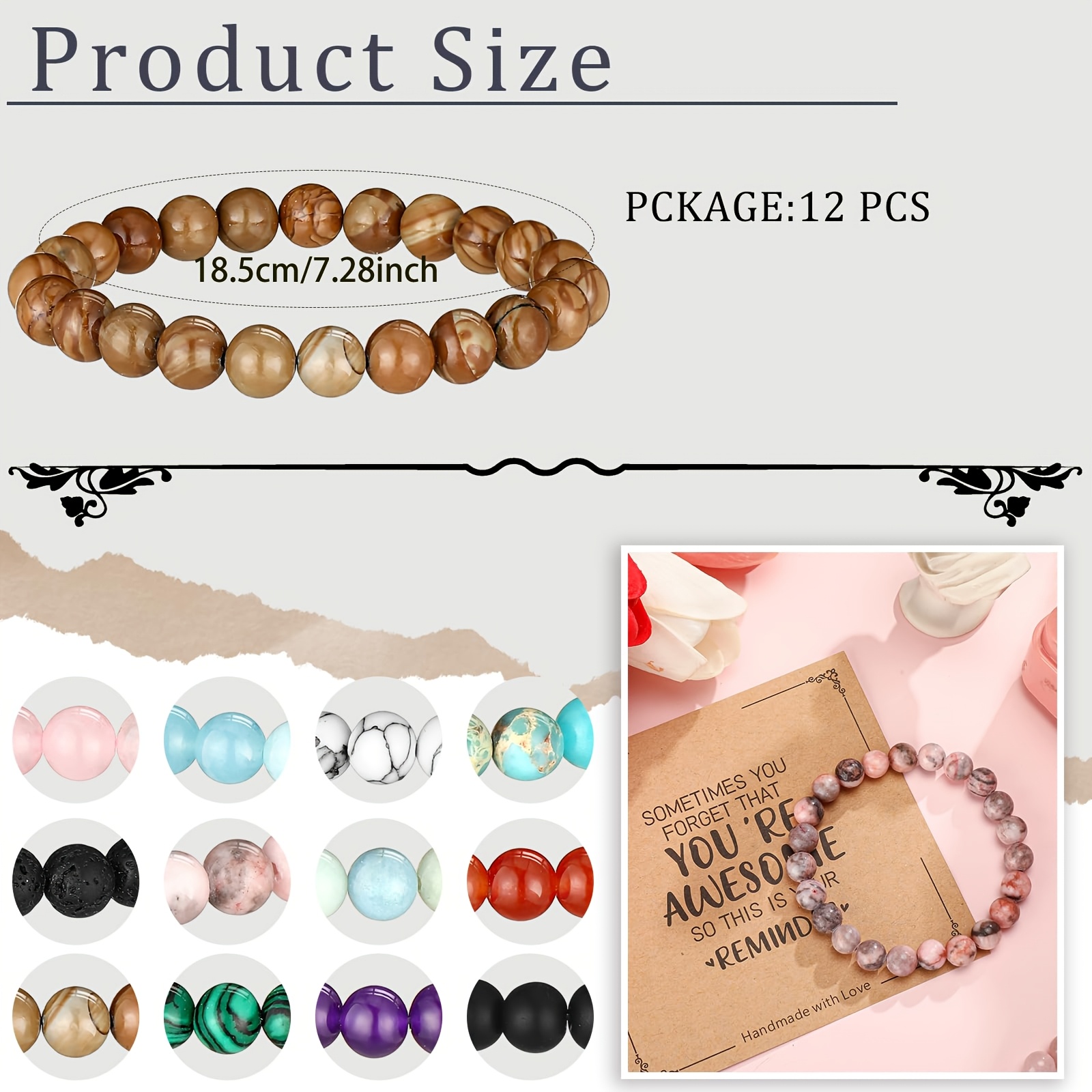 Inspirational Beaded Bracelets 12 Pack Adjustable Natural Stone