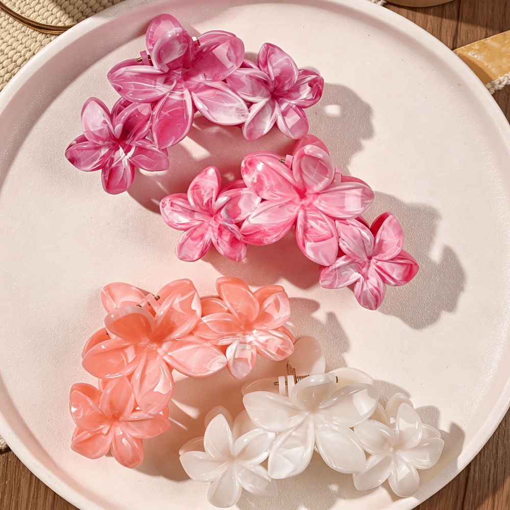4pcs Marble Pattern Hair Clips, Pink/white/peach Floral Hair Clips, Jaw Clips Suitable For Thick Hair, Cute Hawaiian Style Daily And Vacation Hairstyle Accessories