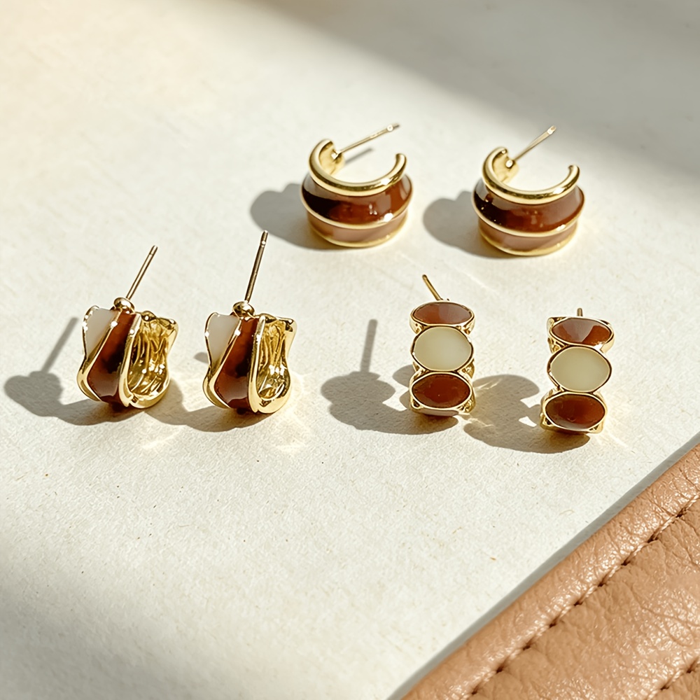 3 Pairs Coffee-Colored Geometric Dripping C-Shaped Earrings