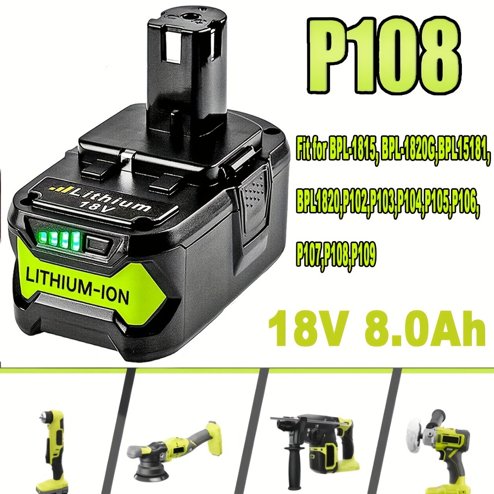 

1pack/2packs 18v 8.0ah High Capacity Battery Replacement For Ryobi 18v Battery, 18 Volt Lithium Battery Compatible For Ryobi 18v Battery P197 P102 P108 P103 P104 P105 P107 P109 18v One+ Cordless Tool