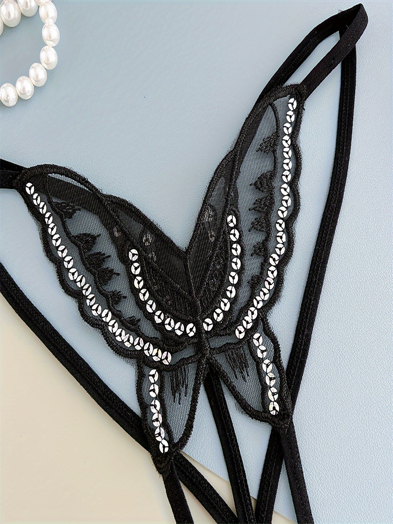 Black Embroidered Butterfly with Sequins Crotchless G- String Panty One  Size Fits Most